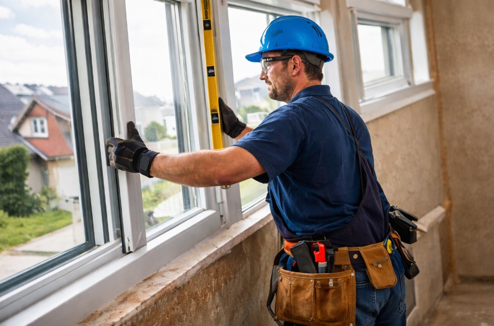 Window installer adjusting new frame